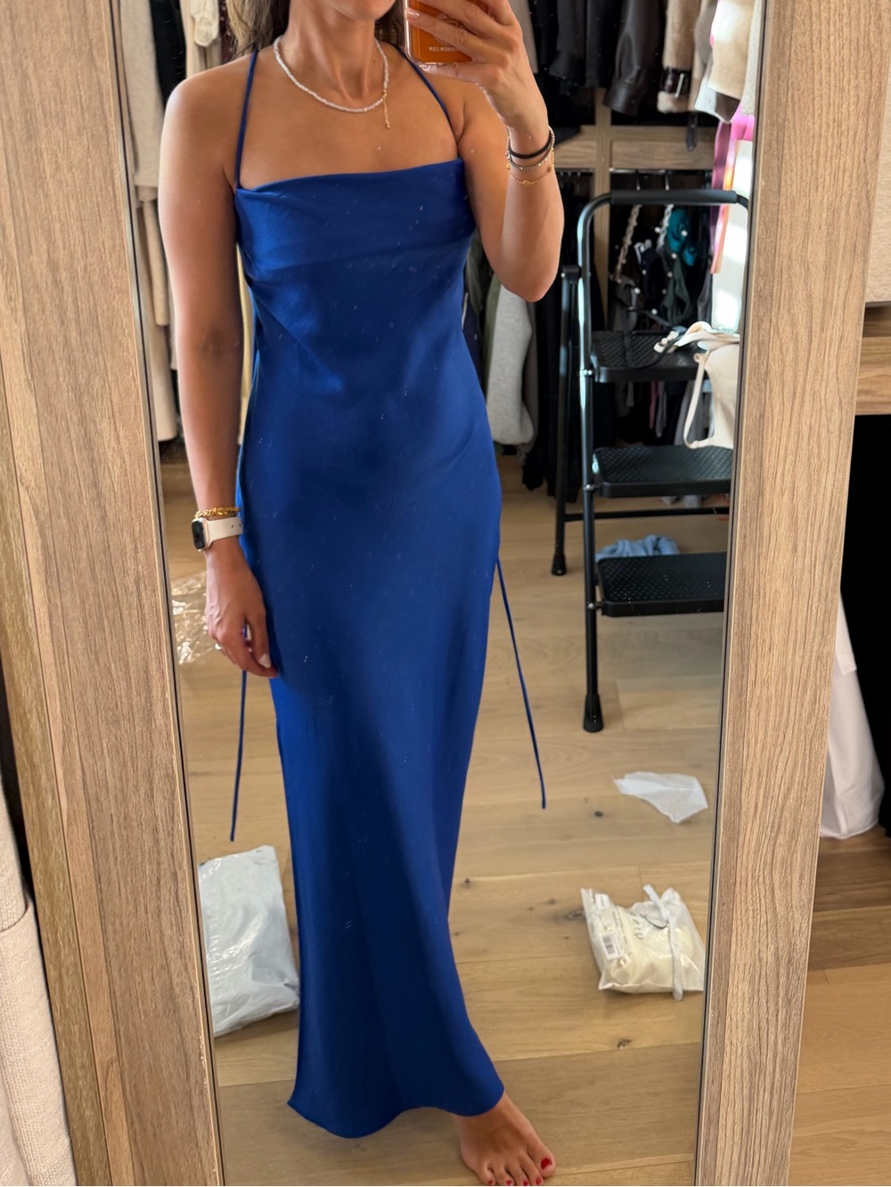 Meshki Royal Blue Satin Maxi Slip Dress with Spaghetti Straps